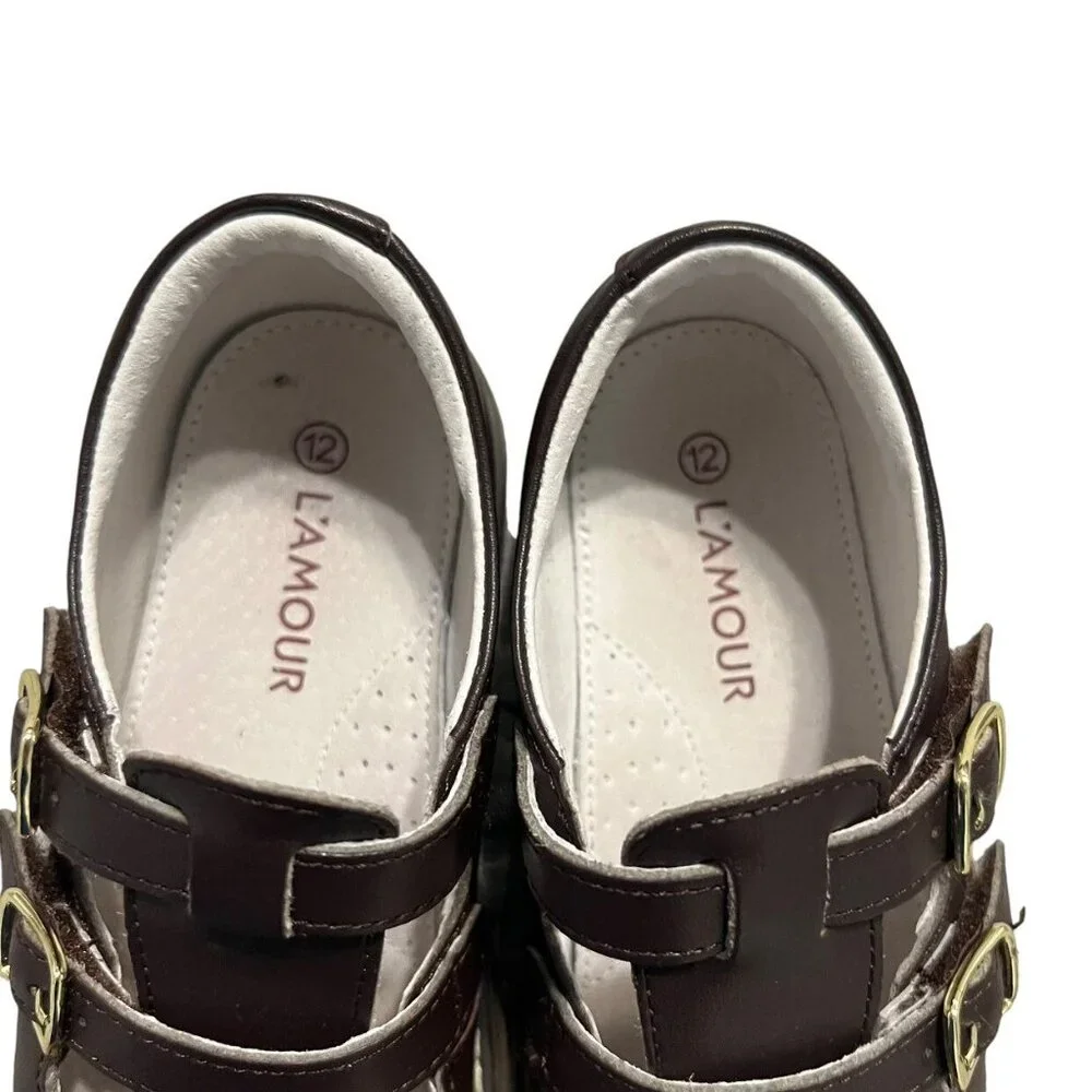 L'Amour Sz 12 Beatrix Brown Leather Mary Jane T-Strap Dress Shoes